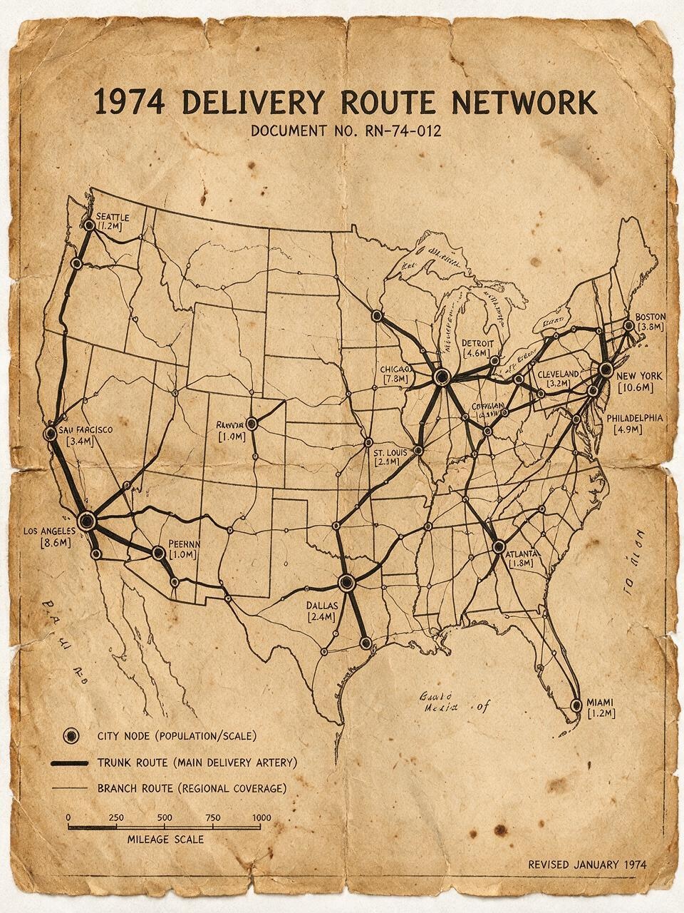 Early delivery network map, 1974