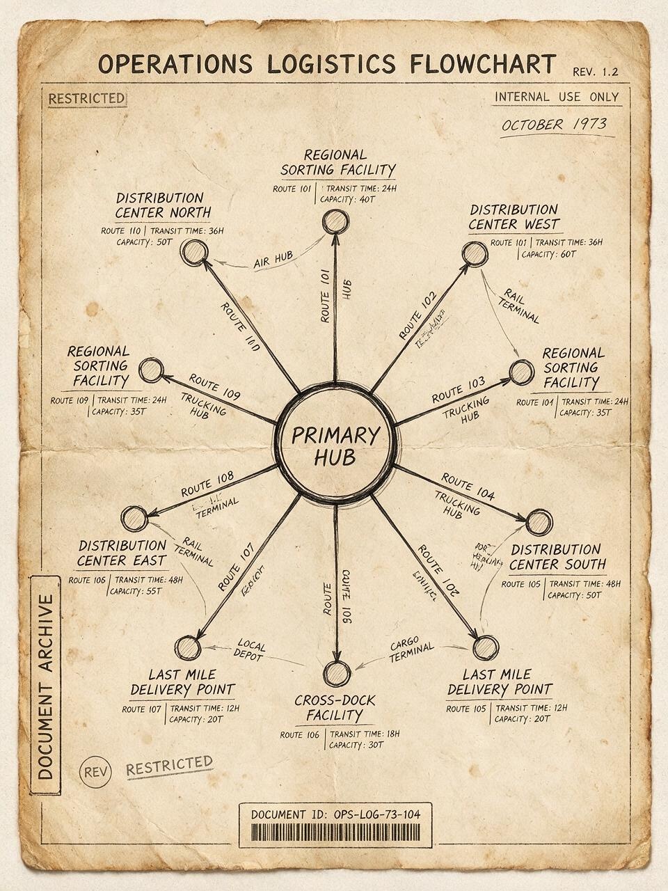 Hub-and-spoke routing diagram, 1973