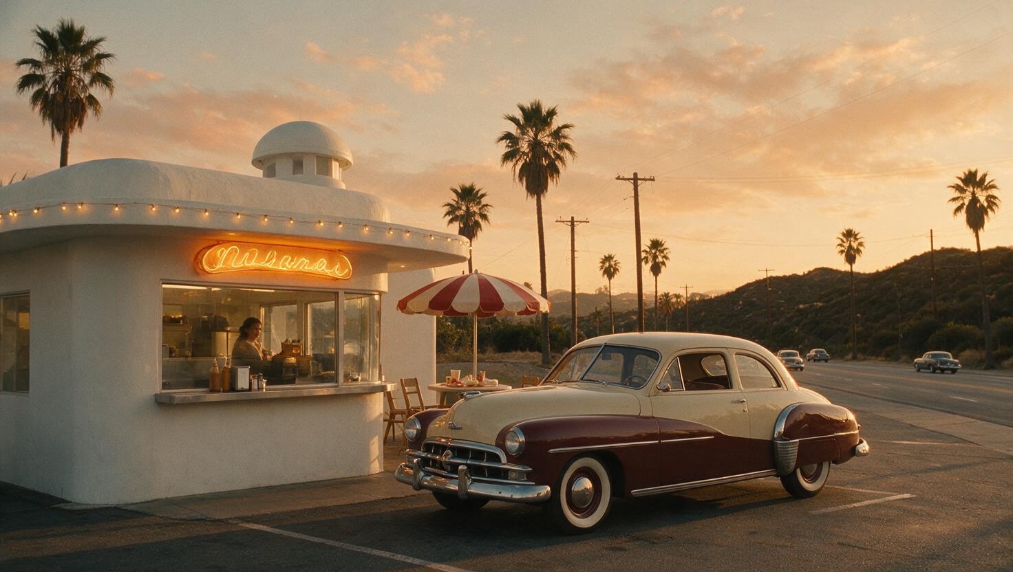 Vintage roadside burger stand, 1948