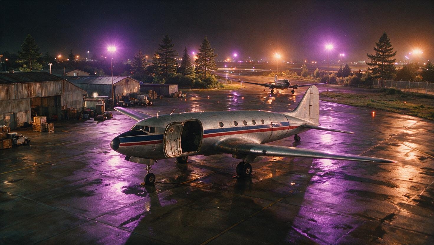 Vintage cargo aircraft on tarmac at night