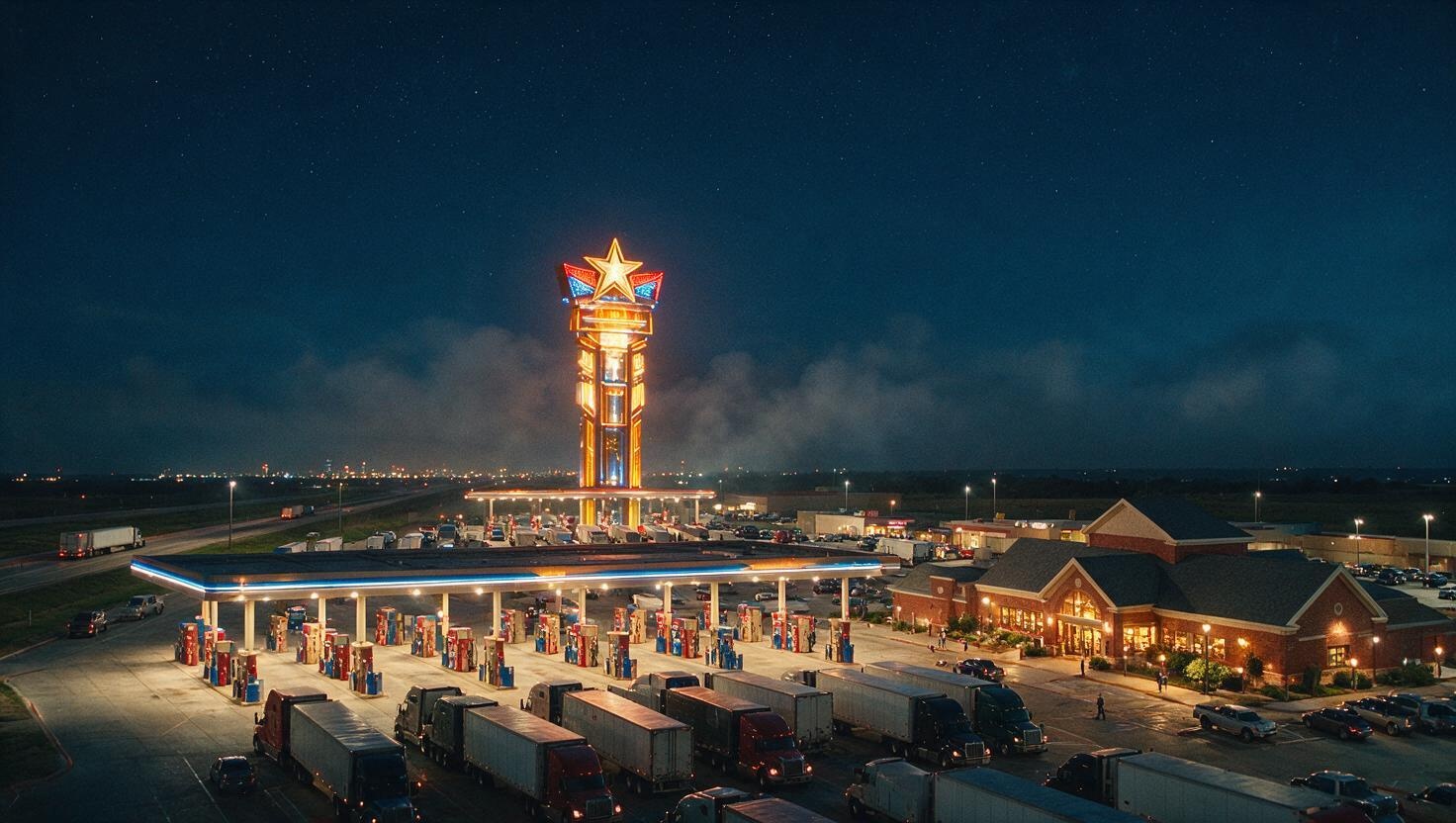 Massive Texas travel center at night